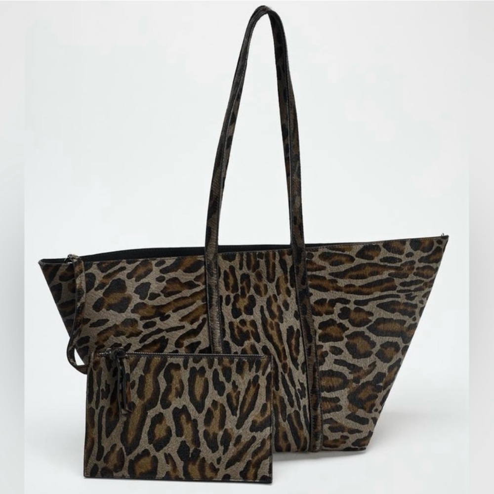 Zara Leather Leopard/Animal Print Tote Bag with Pouch